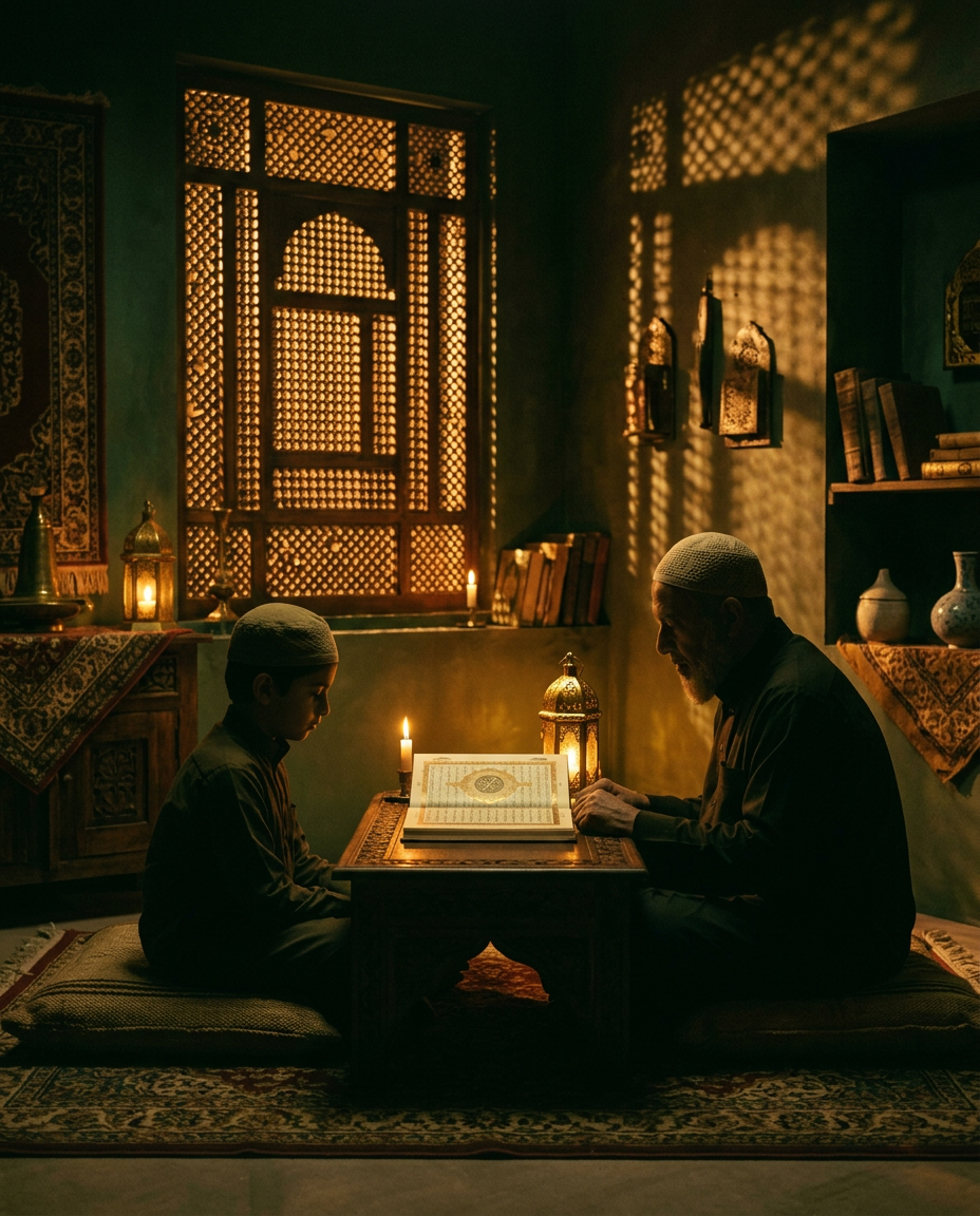A teacher and student reading by candlelight